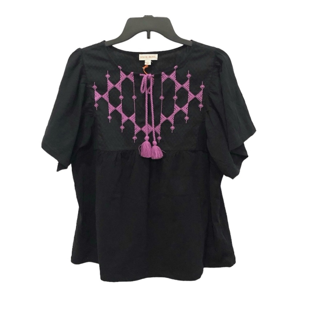 Knox Rose Flutter Short Sleeve Embroidered Black/Purple Top Size: Extra Large